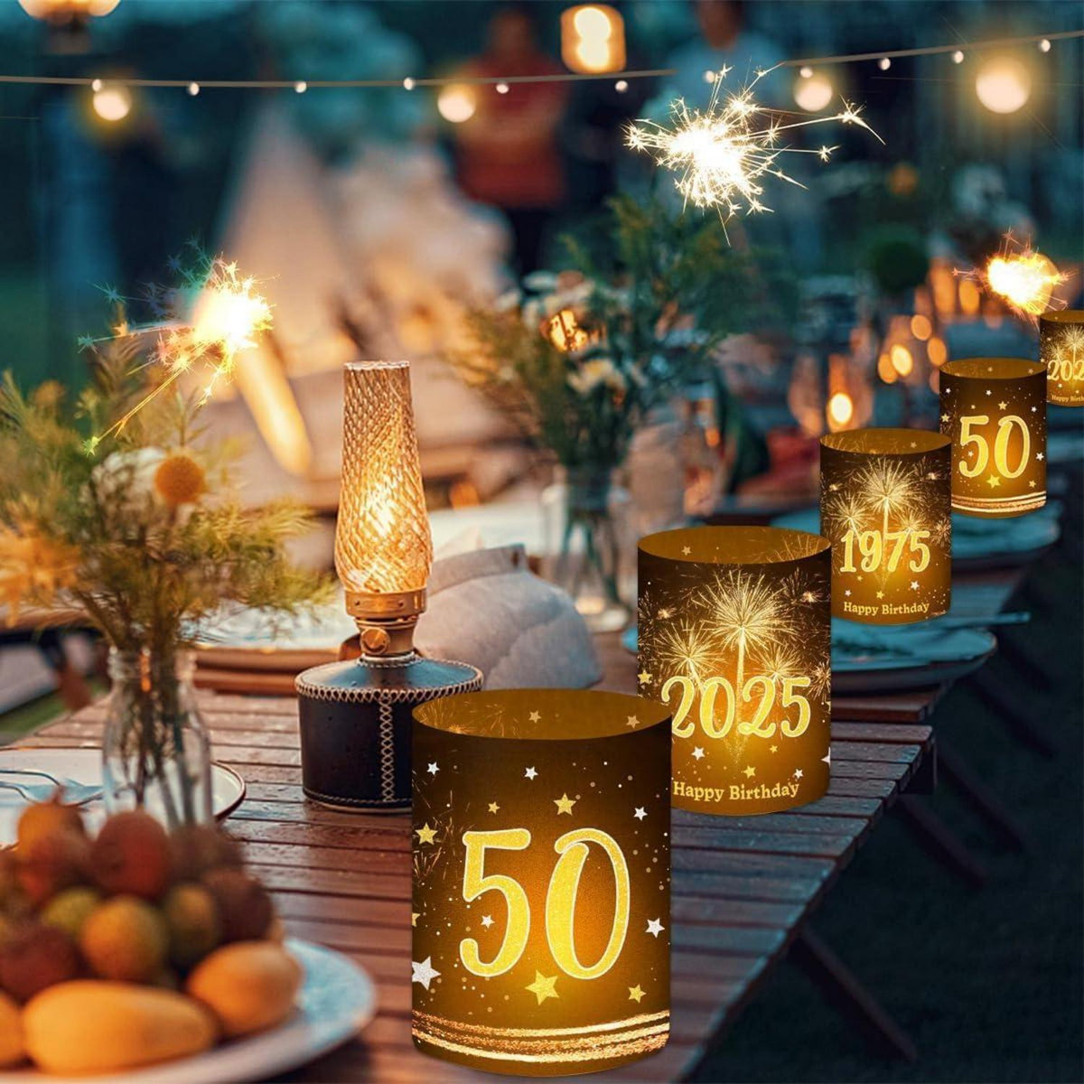 12 Windlichter & 500 Konfetti 50. Geburtstag Schwarz Gold