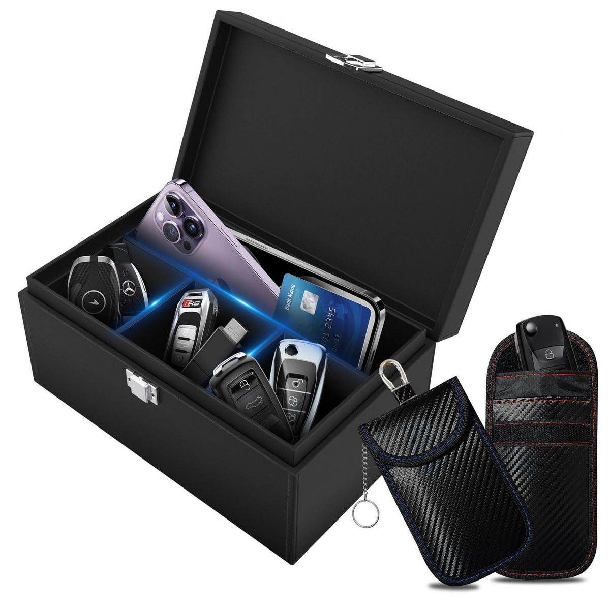 Keyless Go Autoschlüssel Box mit 2 Faraday Taschen – RFID Schutz