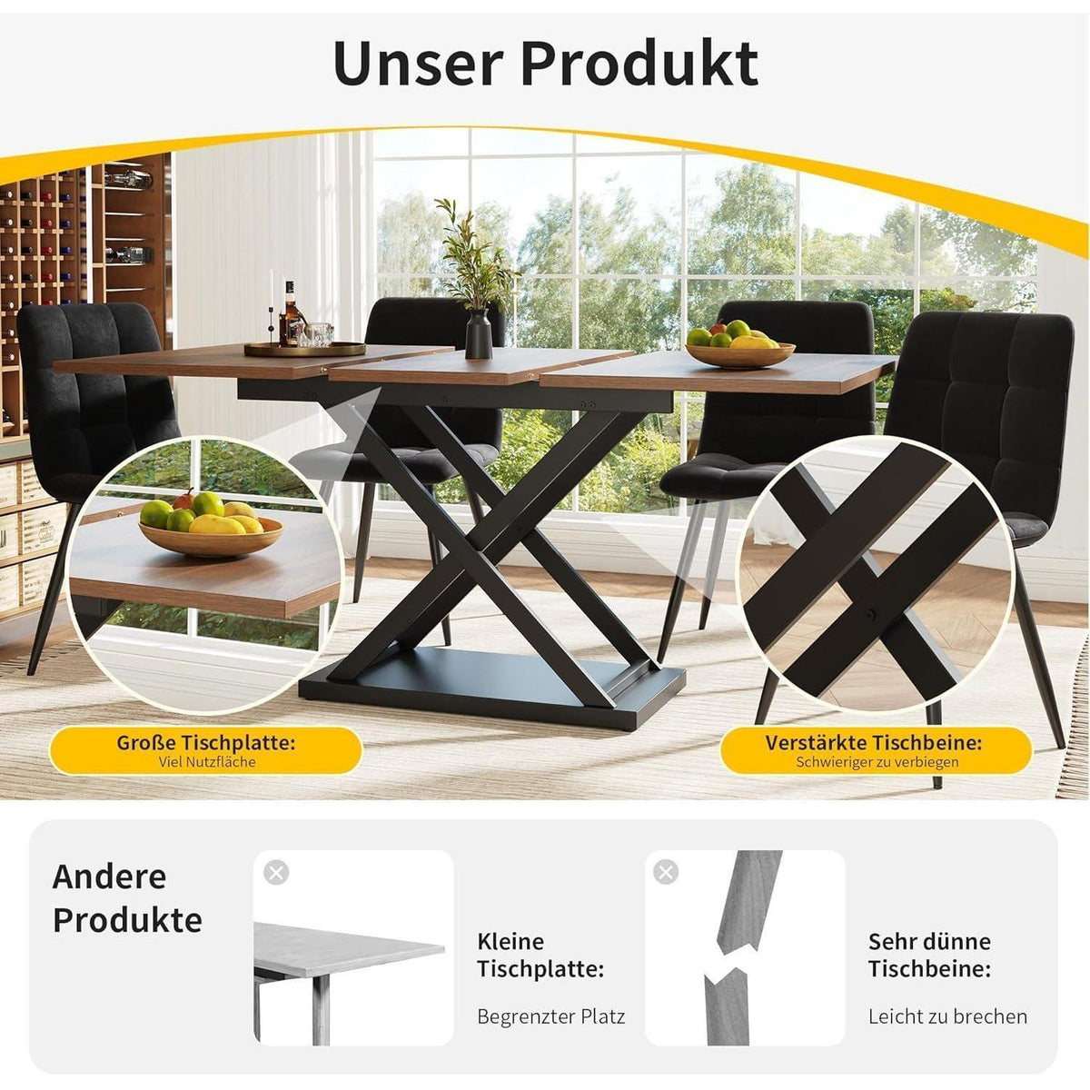 Ausziehbarer Esstisch Schwarz – Rechteckiger Küchentisch 120-160x80 cm
