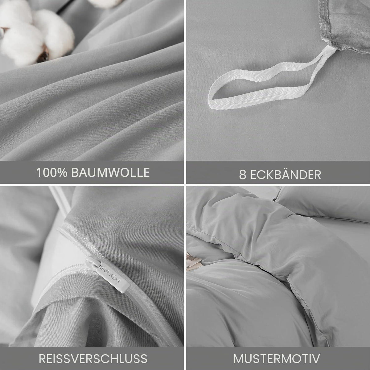 Baumwoll Bettwäsche Set 200x200 Grau | 3-teilig