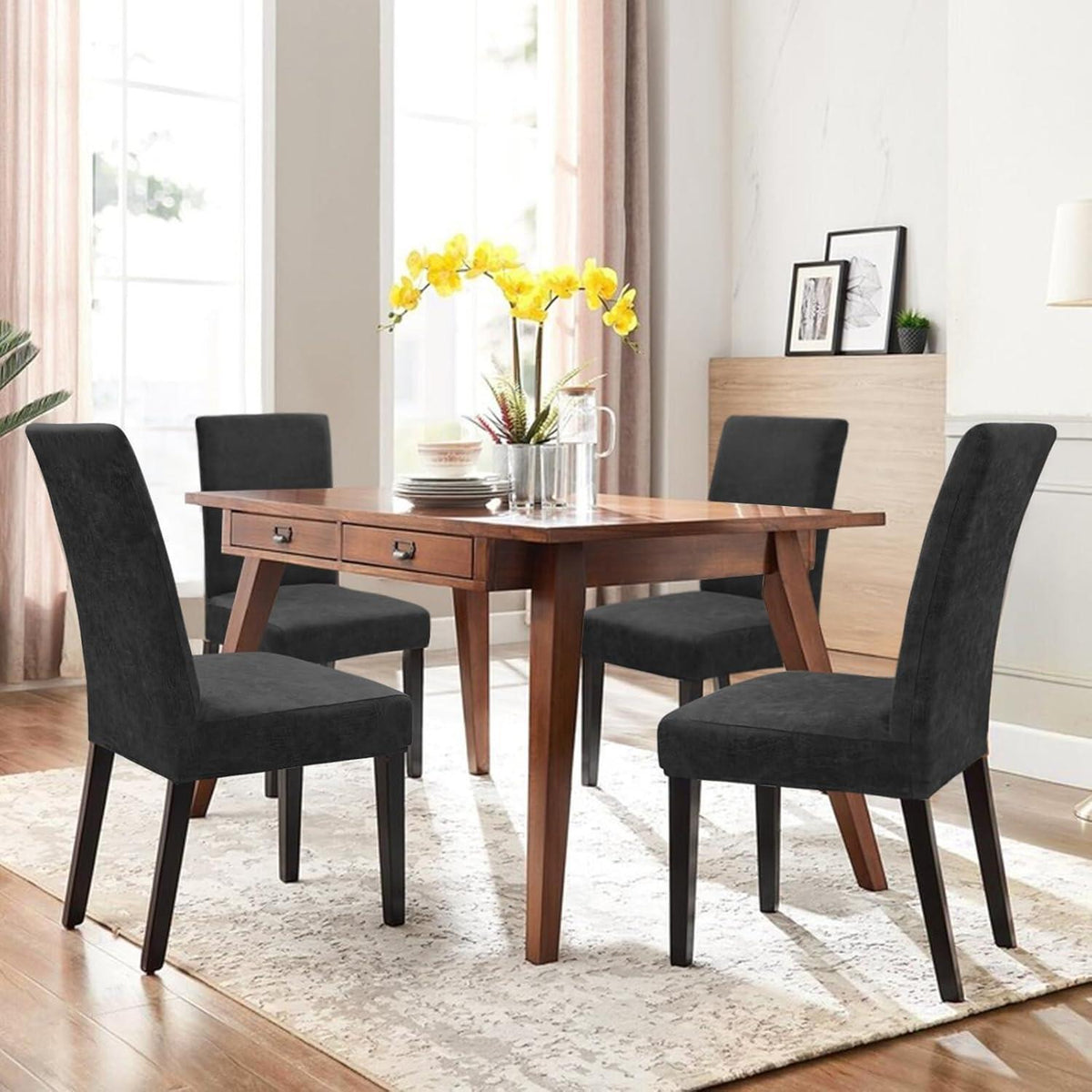 Stretch Stuhlhussen Sämischleder 4er Set Schwarz