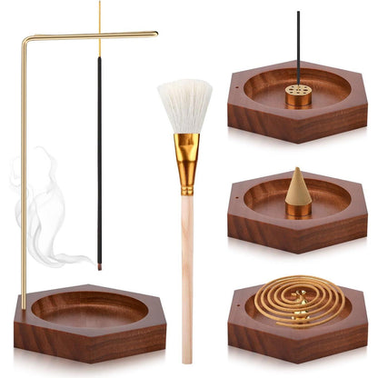 Räucherstäbchenhalter Holz Hexagon mit 9 Löchern & Kürbisform, Braun