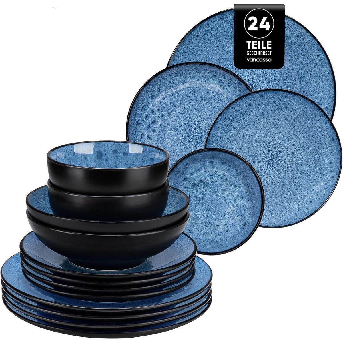 Steingut Geschirrset 24 Teile für 6 Personen, blau, modern