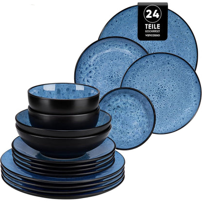 Steingut Geschirrset 24 Teile für 6 Personen, blau, modern