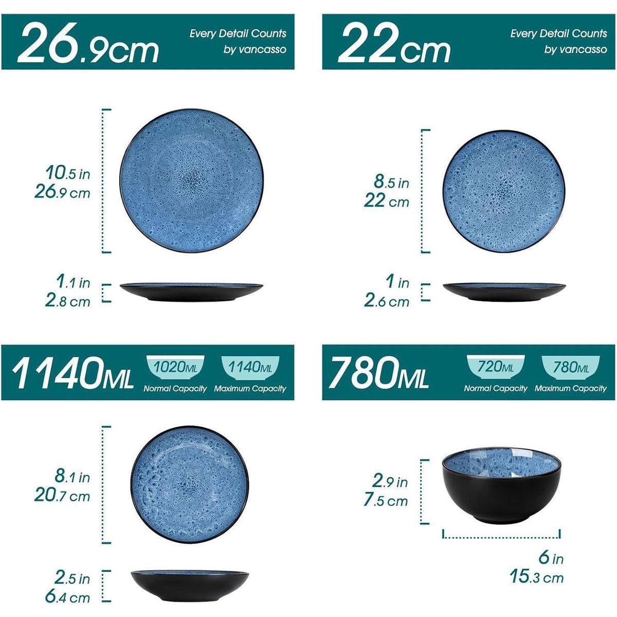 Steingut Geschirrset 24 Teile für 6 Personen, blau, modern