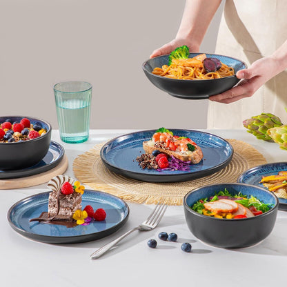 Steingut Geschirrset 24tlg für 6 Personen, Blau, Mediterranes Design