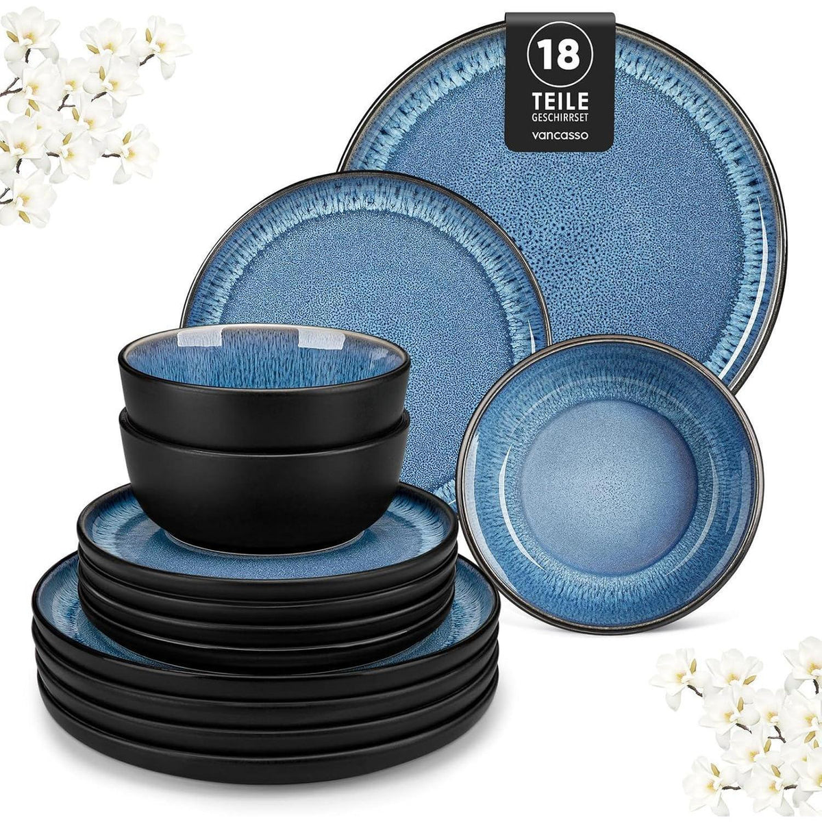 Steingut Geschirrset 18tlg für 6 Personen, Blau, Mediterranes Design