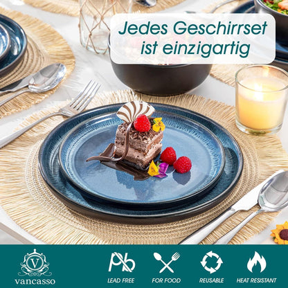 Steingut Geschirrset 18tlg für 6 Personen, Blau, Mediterranes Design