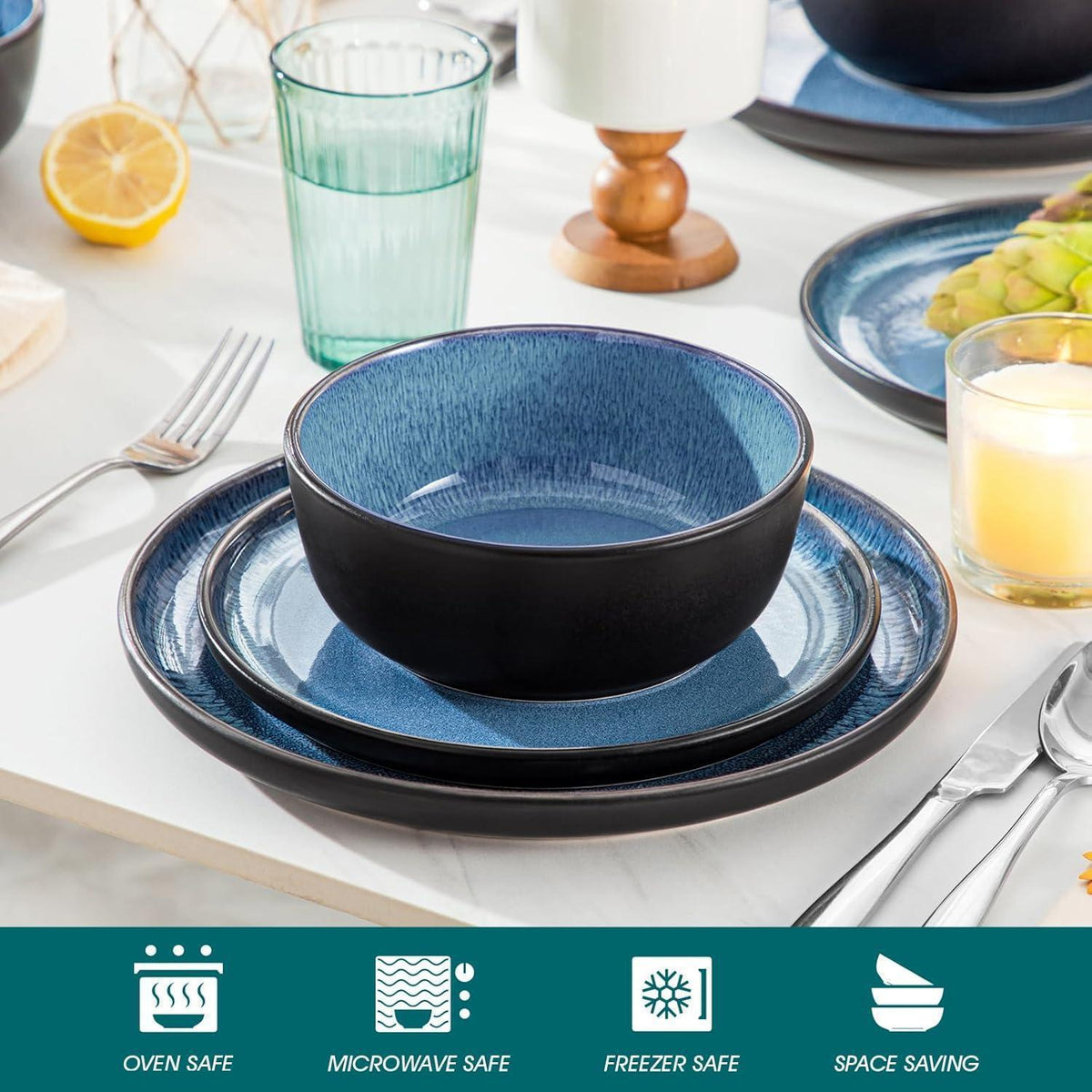 Steingut Geschirrset 18tlg für 6 Personen, Blau, Mediterranes Design