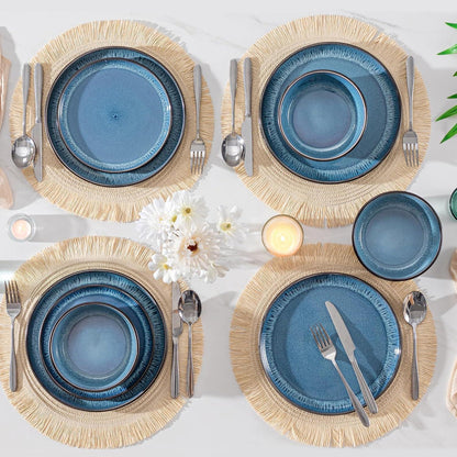 Steingut Geschirrset 18tlg für 6 Personen, Blau, Mediterranes Design
