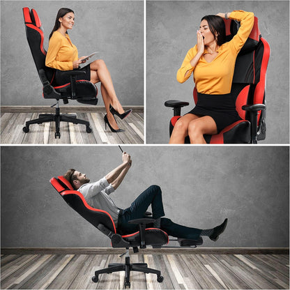 Gaming Stuhl 200kg Belastbarkeit, Ergonomischer PC Sessel mit Fußstütze, Rot