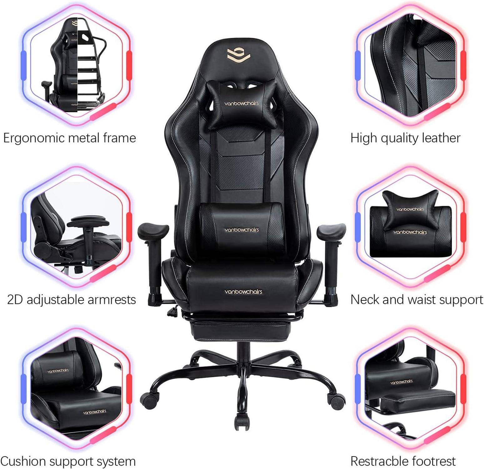 Gaming Stuhl mit Fußstütze für 150kg, ergonomischer PC
