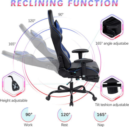 Ergonomischer Gaming Stuhl mit Fußstütze - Blau