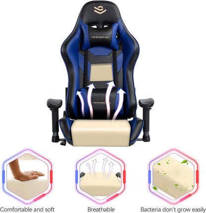 Ergonomischer Gaming Stuhl mit Fußstütze und Belastbarkeit bis 150kg, Blau