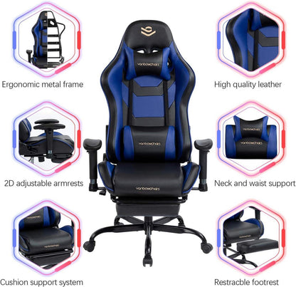 Gaming Stuhl 150kg Belastbarkeit Fußstütze Lumbalkissen Blau