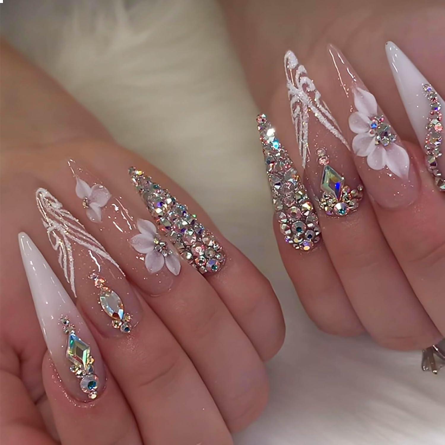 Stiletto Press on Nails Falsche Nägel Handverarbeitet Rhinestones