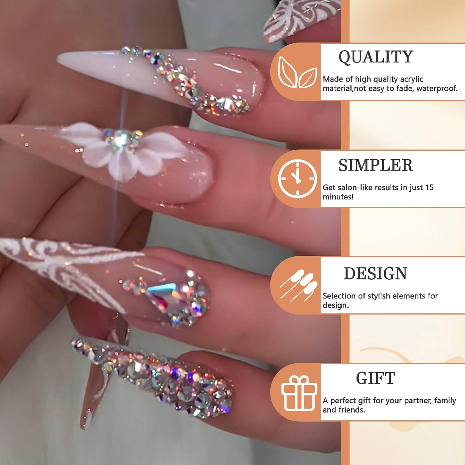 Stiletto Press on Nails Weiß Ombré Rhinestones Glitzer 24 Stück