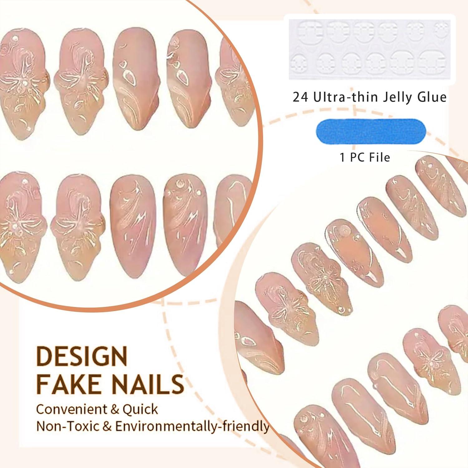 3D Mandel-Nägel 24 Stück mit Charms | Blumen Wasser Wellen Design
