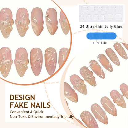 3D Mandel-Nägel 24 Stück mit Charms | Blumen Wasser Wellen Design