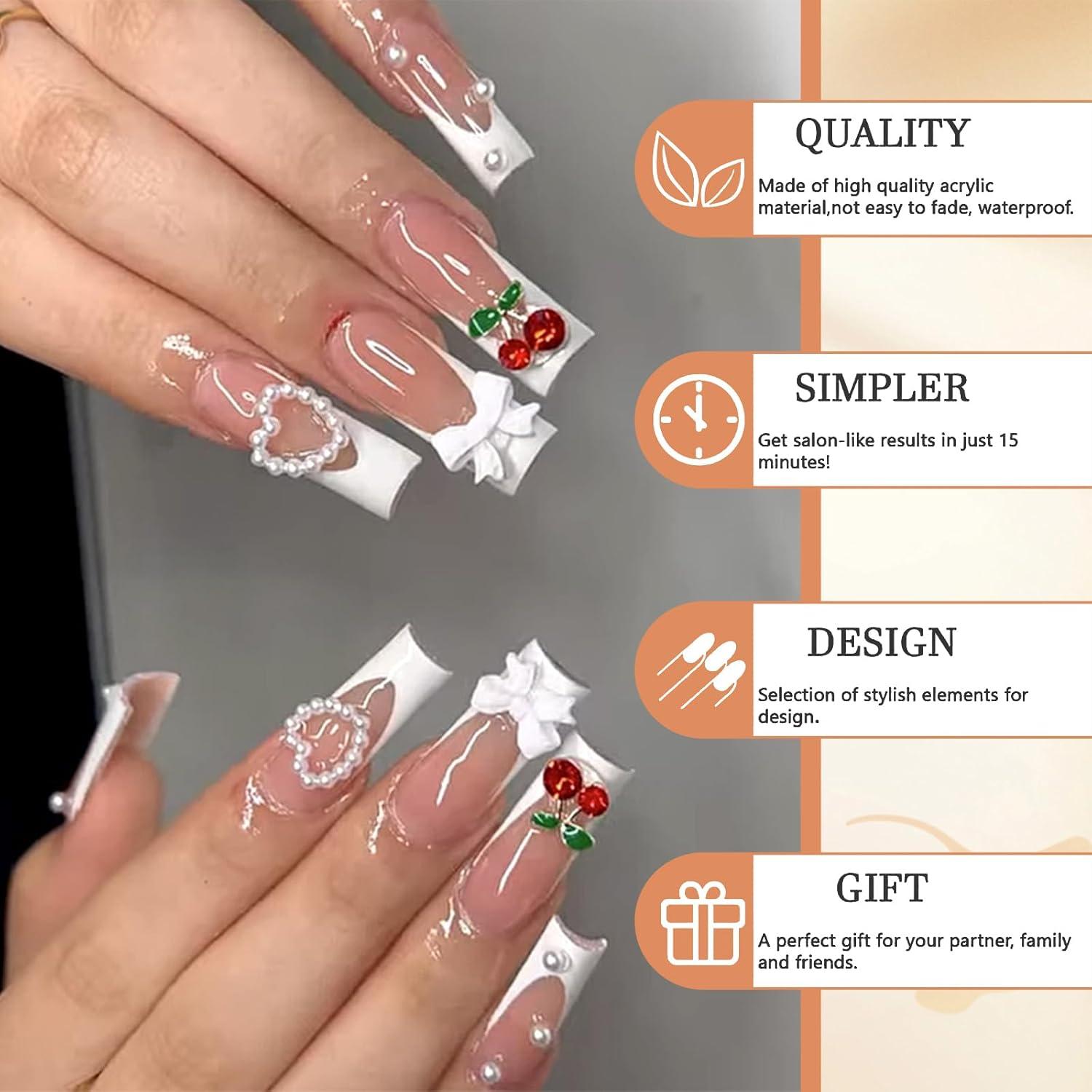 3D Kirschen-Schleife Falsche Nägel | Weiße Französische Spitze | Extra Lange Quadratische Press on Nails