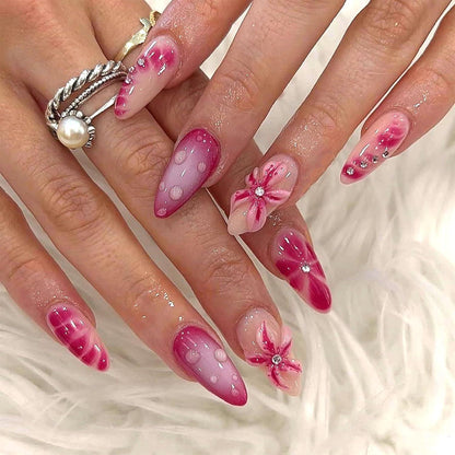 24 Stück Mittel Mandel Press on Nails 3D Blume Rhinestone Akrylnägel
