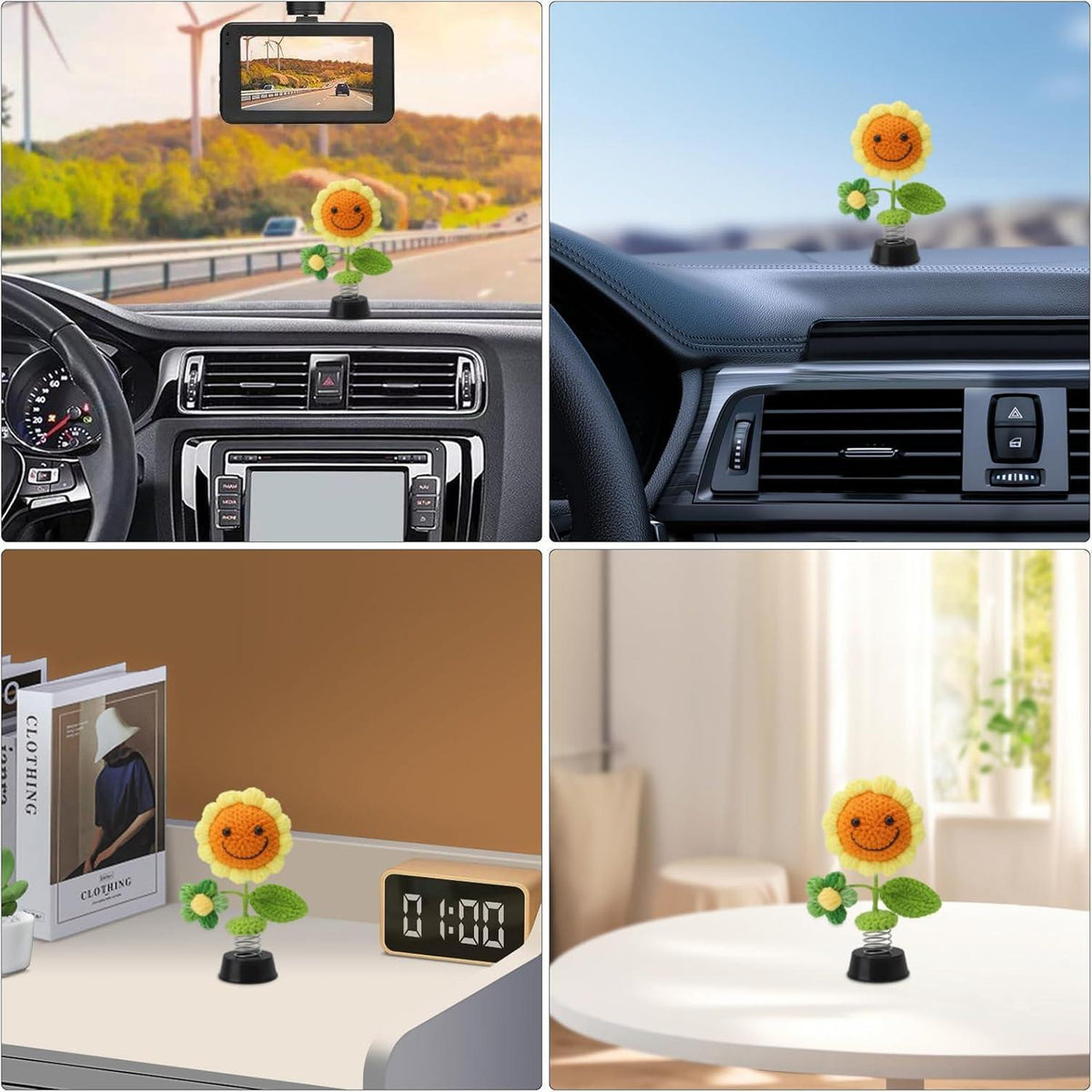 Gestrickte Sonnenblume Autodeko – Wackelfigur für Auto & Büro