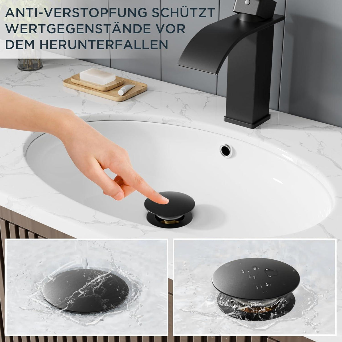 Waschtischarmatur Schwarz Wasserfall mit Ablaufgarnitur