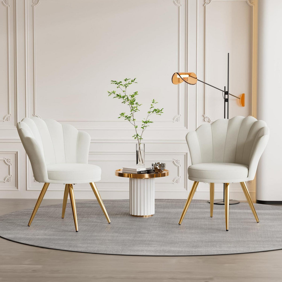 Samt Esszimmerstuhl mit Muschelsitz & Goldbeinen - Weiß x 2
