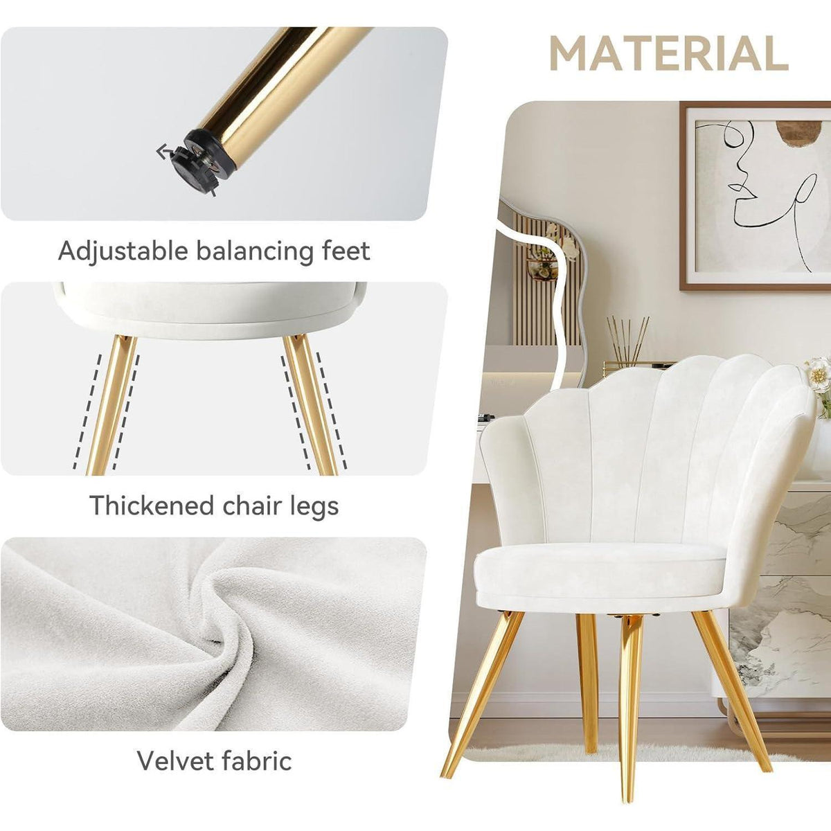 Samt Esszimmerstuhl mit Muschelsitz & Goldbeinen - Weiß x 2