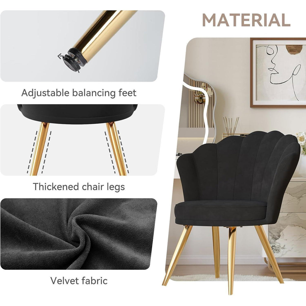 Samt Esszimmerstuhl mit Muschelsitz & Goldbeinen Schwarz x 2