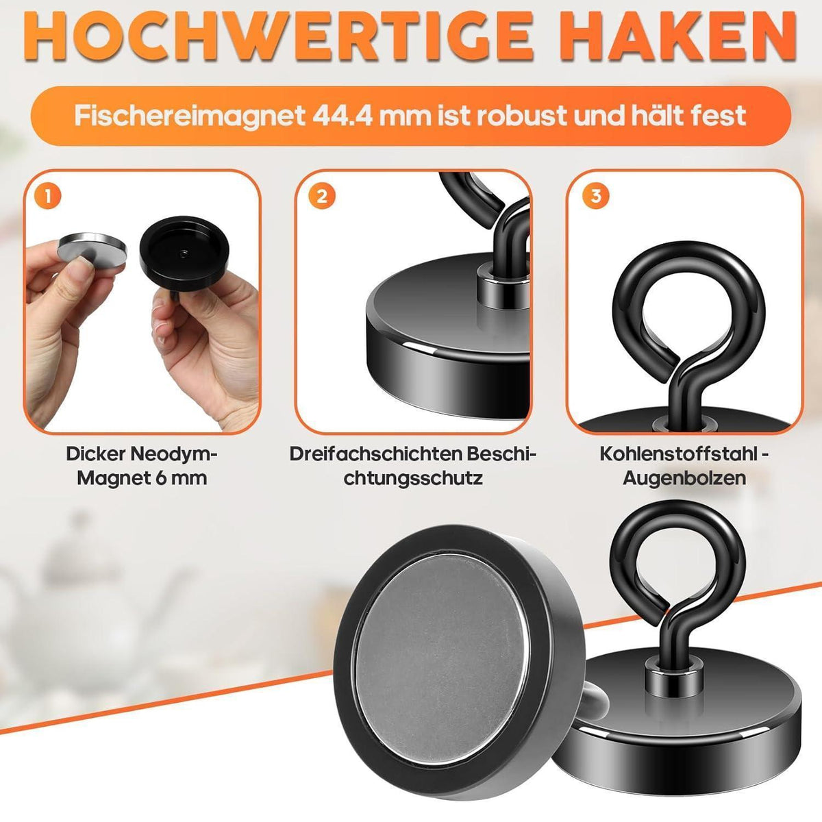 Neodym Magnet stark 100kg, Ø 44.5mm Schwarz, Magnetfischen & Outdoor