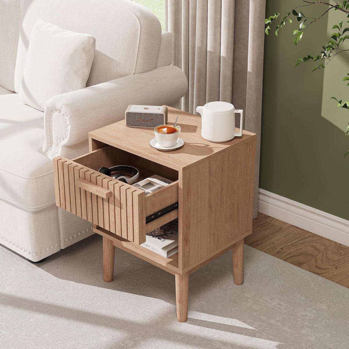 Nachtschrank 2er Set Boho Holz Natur mit Schublade