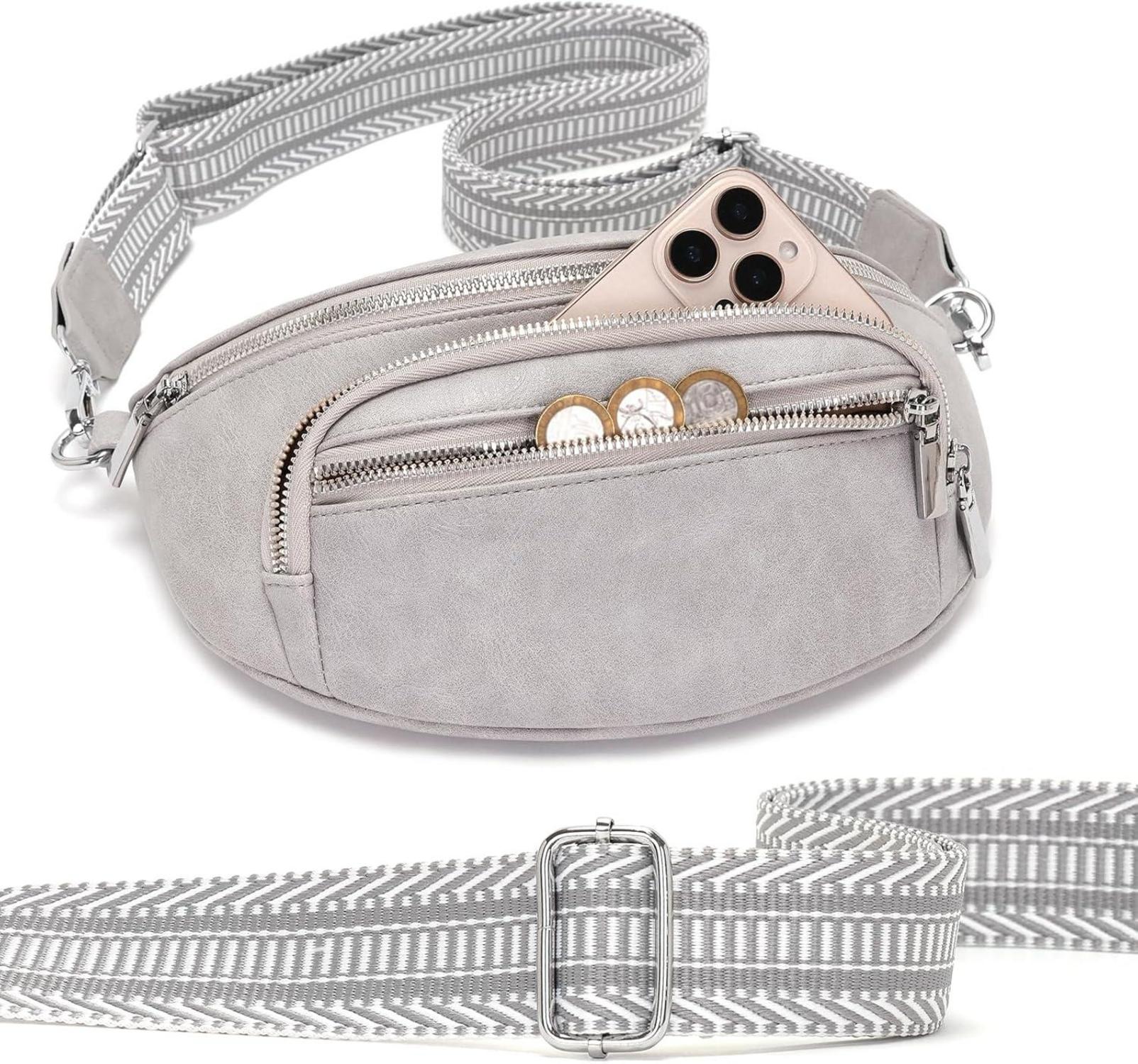 Sasrymnl Damen Bauchtasche Beige Veganes Leder 4 Fächer 6 Taschen