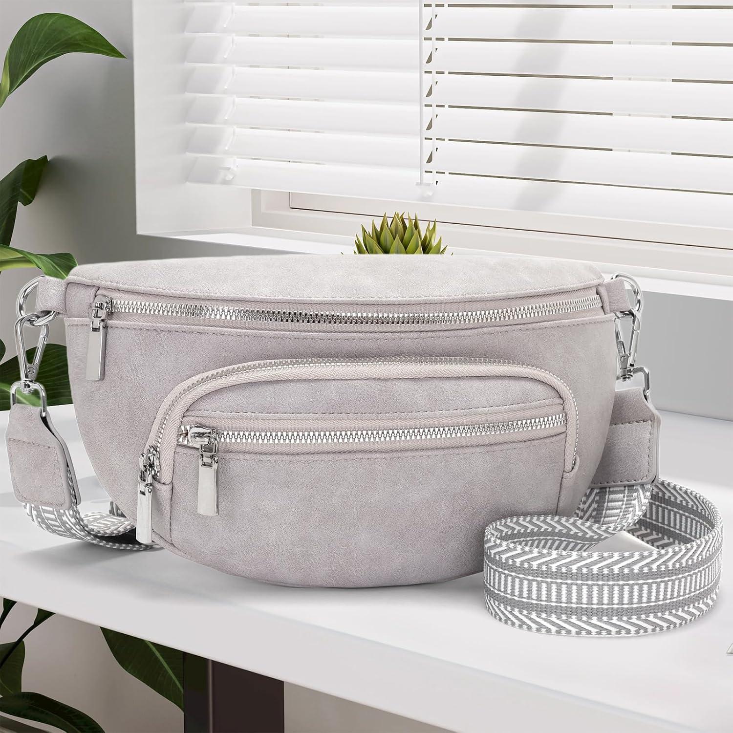 Sasrymnl Damen Bauchtasche Beige Veganes Leder 4 Fächer 6 Taschen