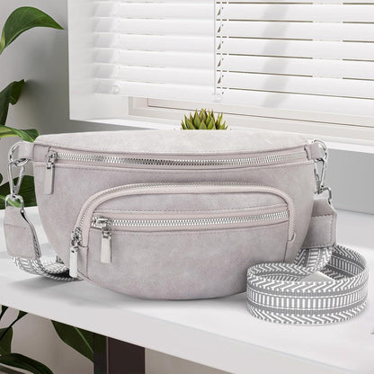 Sasrymnl Damen Bauchtasche Beige Veganes Leder 4 Fächer 6 Taschen