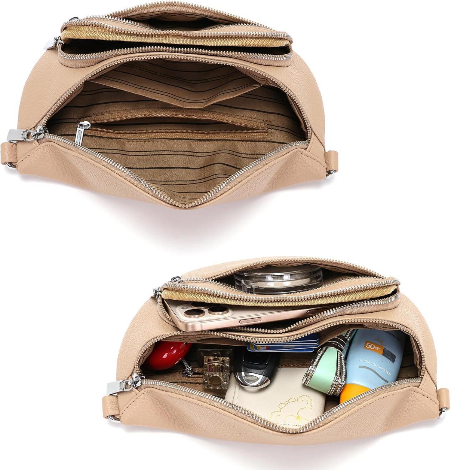 Kleine Damen Bauchtasche Beige Umhängetasche Gürteltasche Vegan Leder