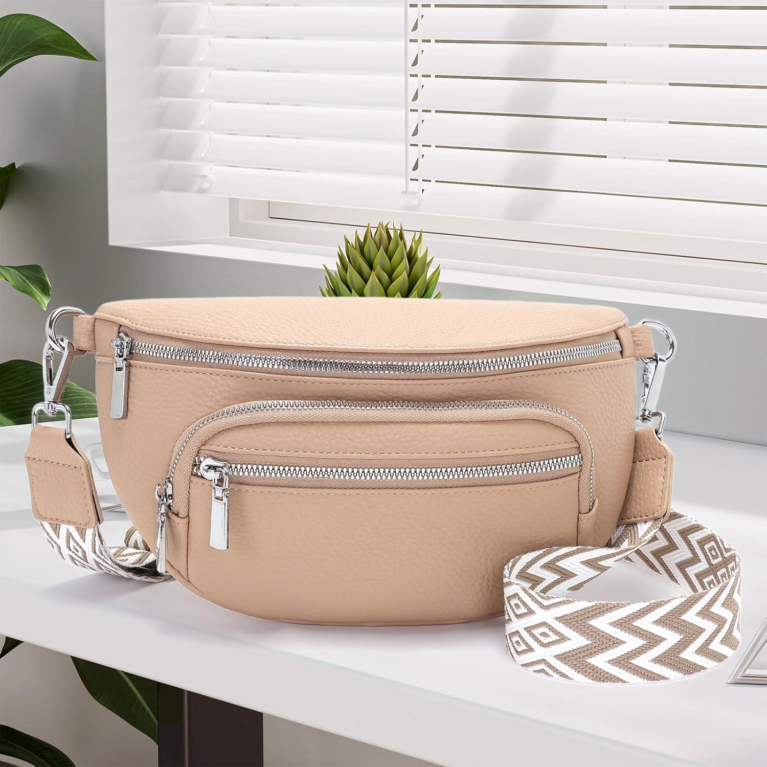 Kleine Damen Bauchtasche Beige Veganes Leder Crossbody Bag