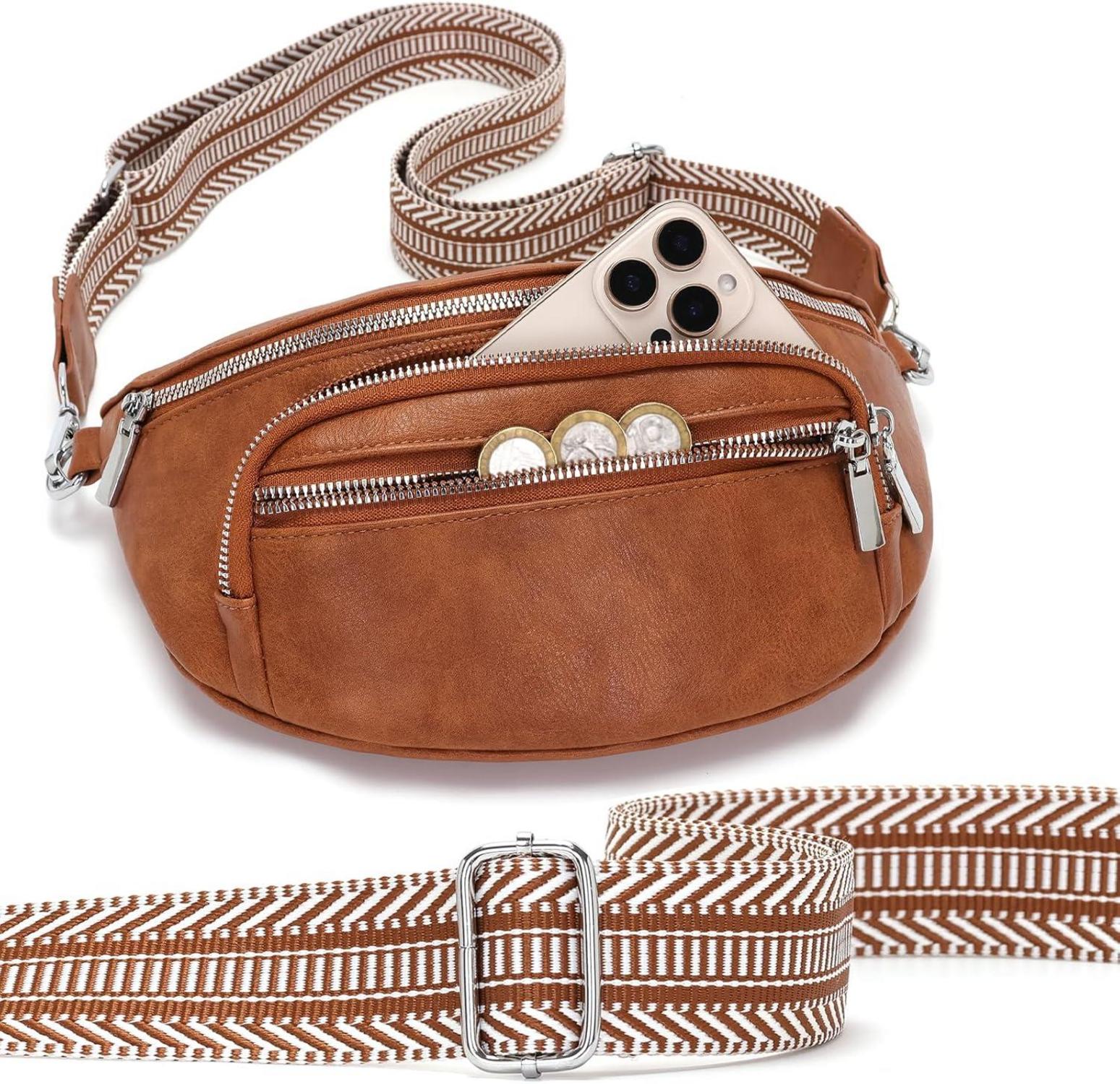 Sasrymnl Umhängetasche Damen Klein Beige Gürteltasche Vegan Leder