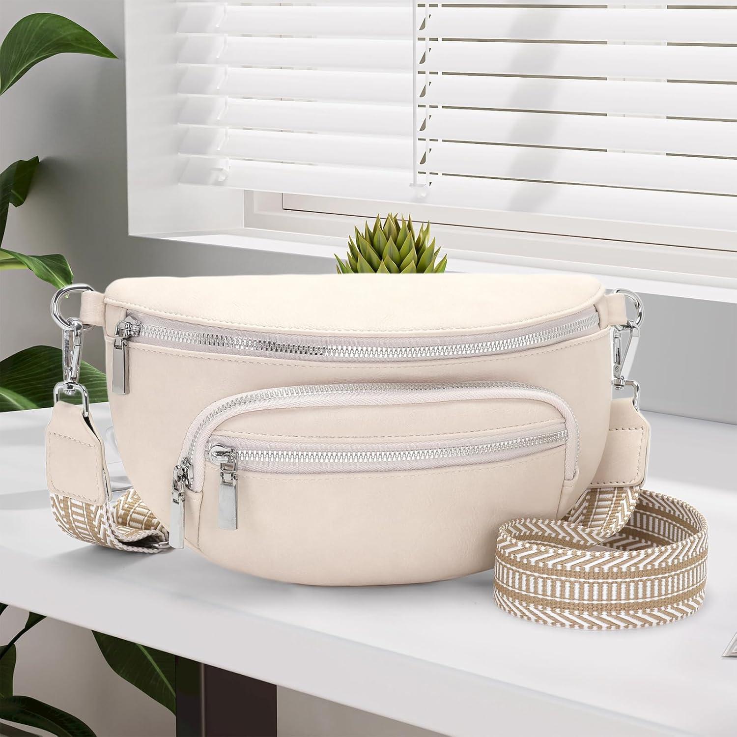 Kleine Bauchtasche Damen Beige Veganes Leder Handtasche Crossbody Bag