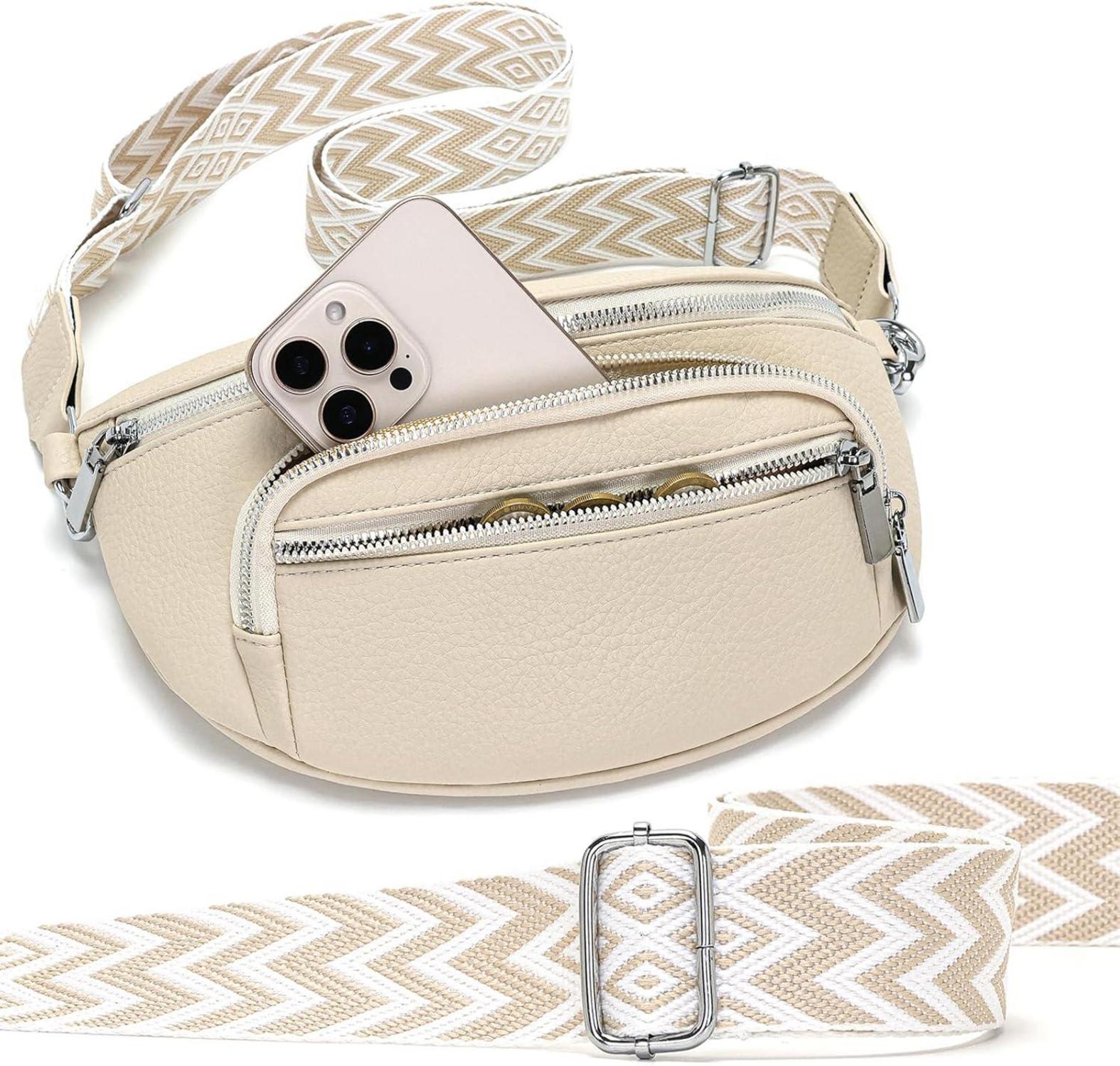 Damen Bauchtasche Klein Beige Veganes Leder Umhängetasche