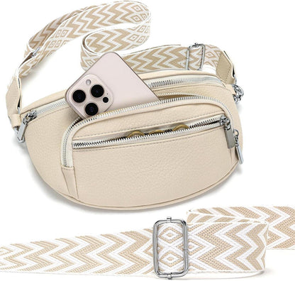 Damen Bauchtasche Klein Beige Veganes Leder Umhängetasche