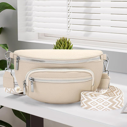 Damen Bauchtasche Klein Beige Veganes Leder Umhängetasche