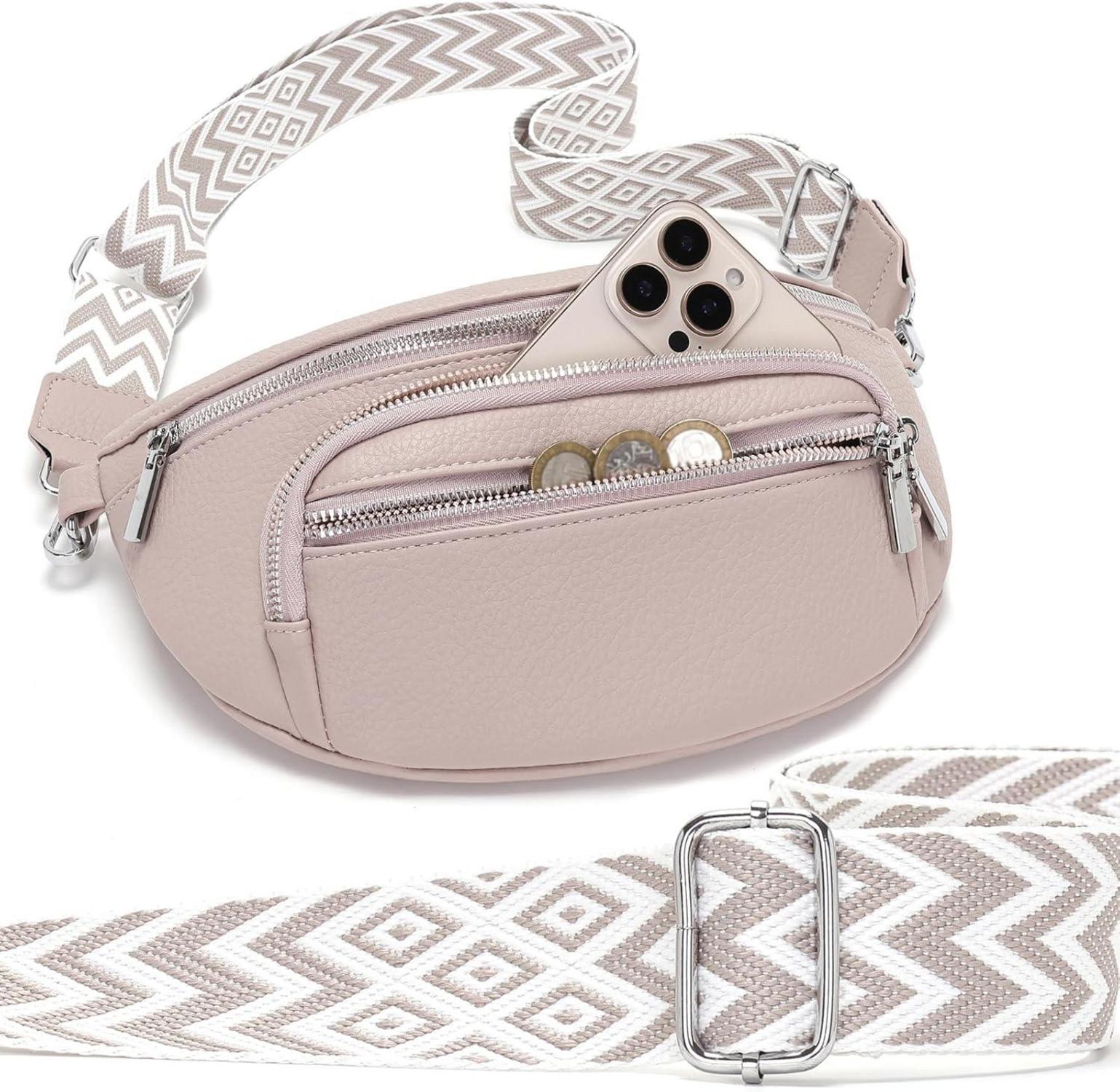 Sasrymnl Damen Bauchtasche Beige Vegan Leder Umhängetasche
