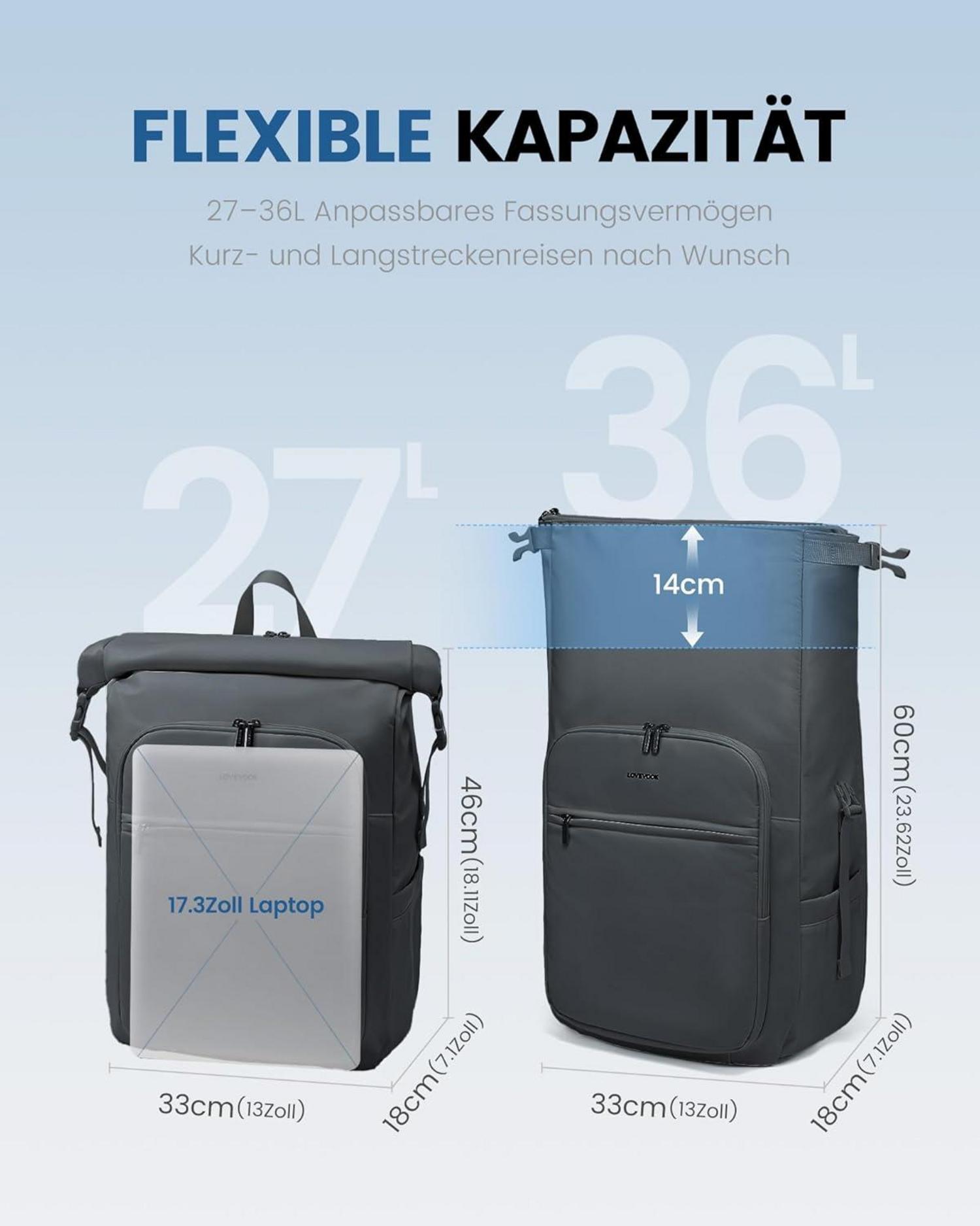 Rolltop Rucksack Damen Herren Wasserdicht 17 Zoll Laptop Backpack Grau