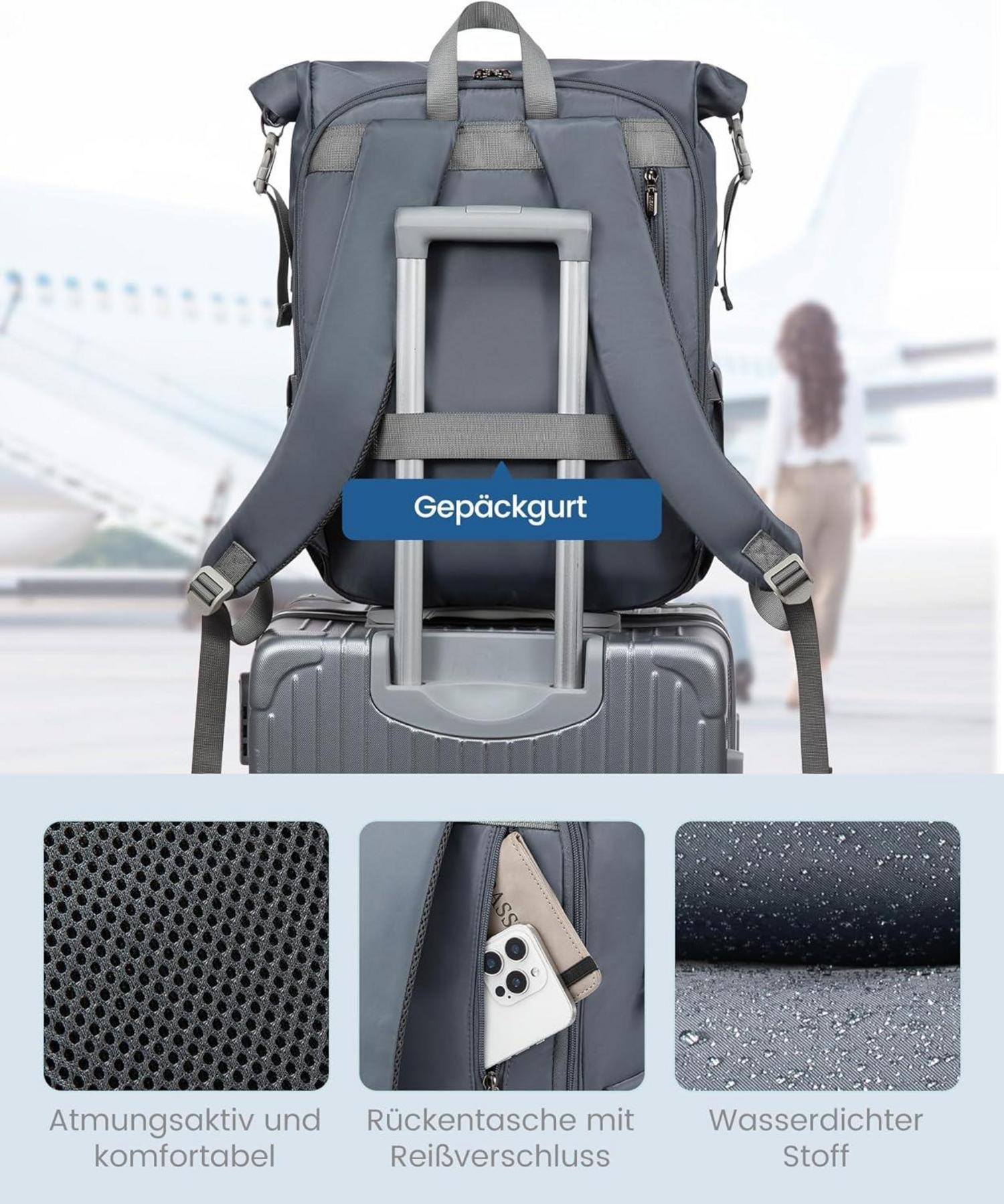 Rolltop Rucksack Damen Herren Wasserdicht 17 Zoll Laptop Backpack Grau