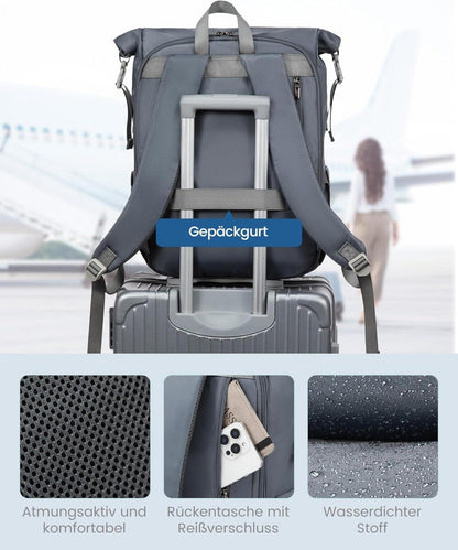 Rolltop Rucksack Damen Herren Wasserdicht 17 Zoll Laptop Backpack Grau
