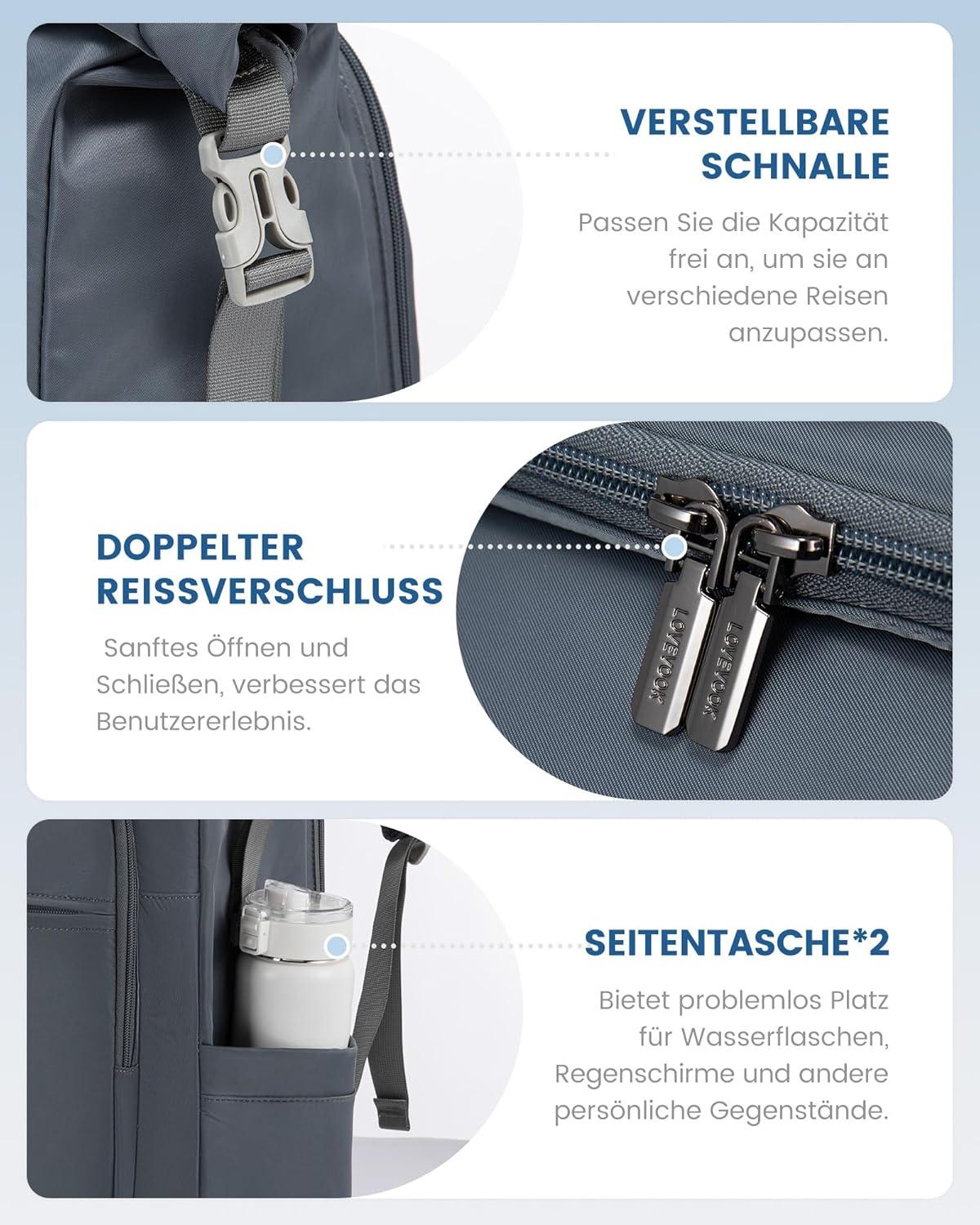 Rolltop Rucksack Damen Herren Wasserdicht 17 Zoll Laptop Backpack Grau