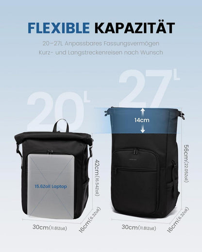 Rolltop Rucksack Damen Herren 15,6 Zoll Laptoprucksack Backpack Schwarz