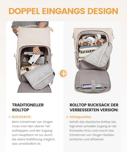 Wasserdichter Rolltop Rucksack mit Laptopfach 17 Zoll - Beige