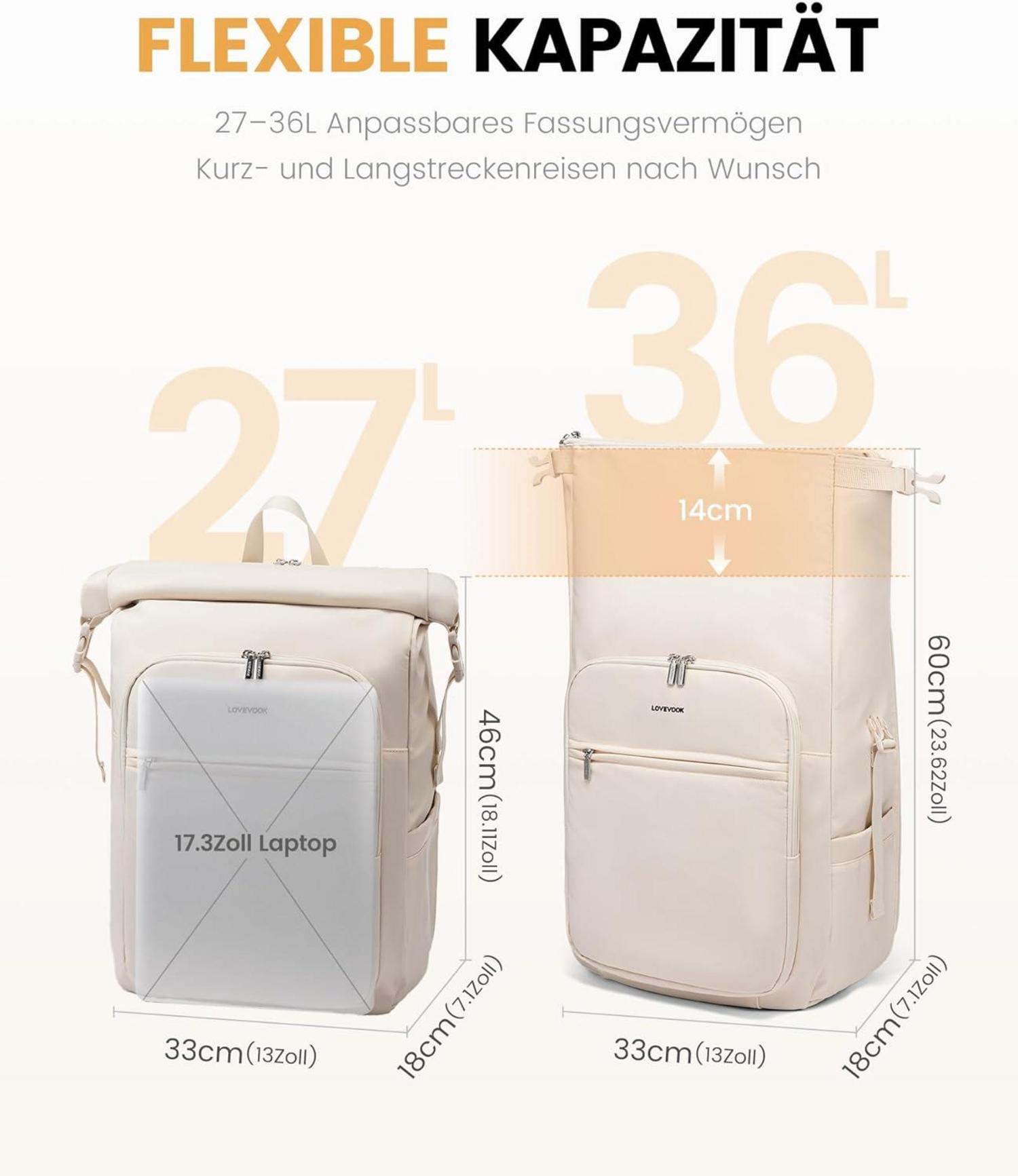 Rolltop Rucksack Damen Herren Wasserdicht 17 Zoll Laptopfach Beige